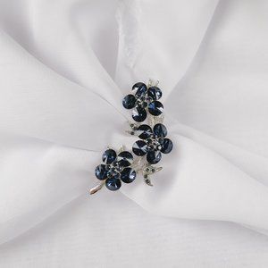 Vintage Dark Blue Faux Sapphire Rhinestone Floral Flower Branch Silver Brooch
